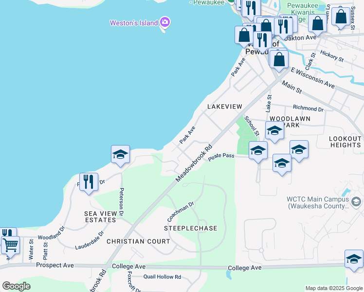 map of restaurants, bars, coffee shops, grocery stores, and more near 516 Park Avenue in Pewaukee