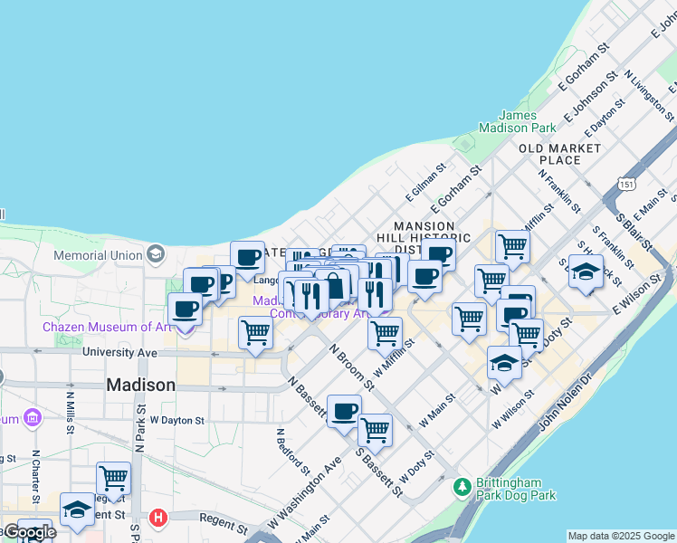 map of restaurants, bars, coffee shops, grocery stores, and more near 151 West Gilman Street in Madison