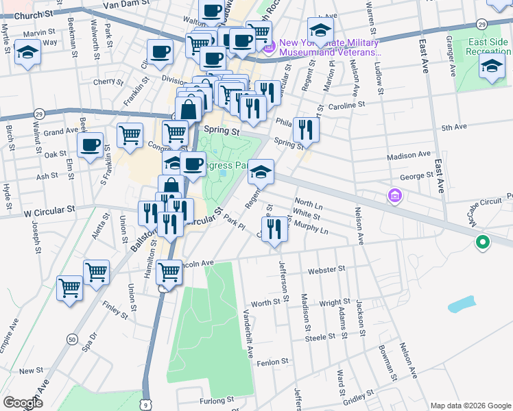 map of restaurants, bars, coffee shops, grocery stores, and more near 11 Cottage Street in Saratoga Springs