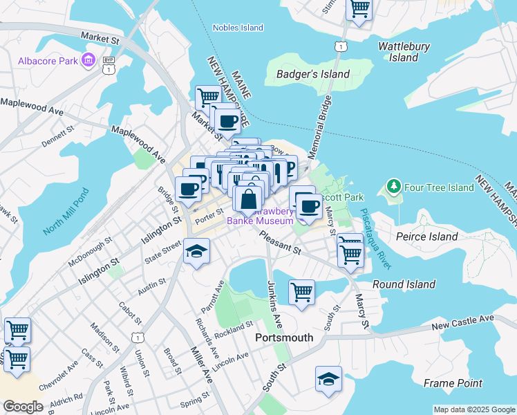 map of restaurants, bars, coffee shops, grocery stores, and more near 93 Pleasant Street in Portsmouth