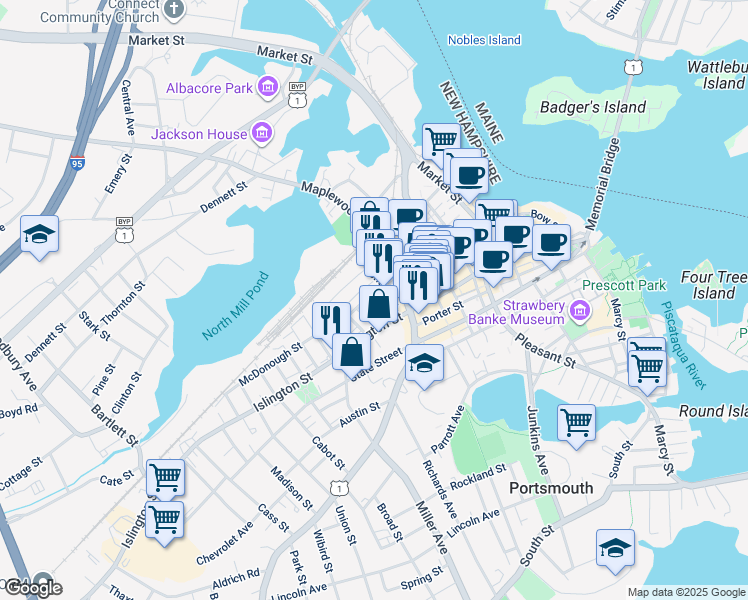 map of restaurants, bars, coffee shops, grocery stores, and more near 30 Parker Street in Portsmouth