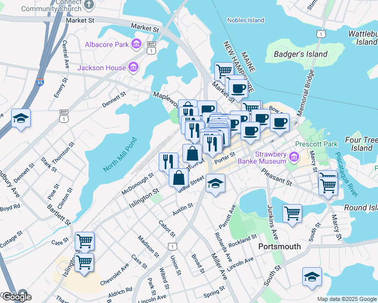 map of restaurants, bars, coffee shops, grocery stores, and more near 30 Parker Street in Portsmouth