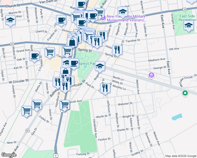 map of restaurants, bars, coffee shops, grocery stores, and more near 11 Cottage Street in Saratoga Springs