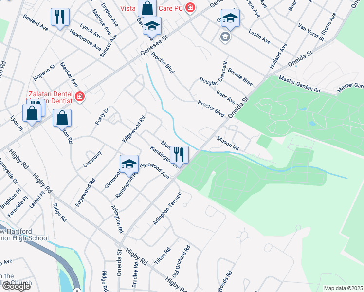map of restaurants, bars, coffee shops, grocery stores, and more near 142 Marlboro Road in Utica