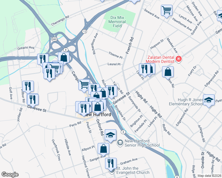 map of restaurants, bars, coffee shops, grocery stores, and more near 2 Richardson Avenue in Utica