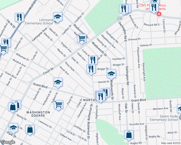 map of restaurants, bars, coffee shops, grocery stores, and more near 224 Ross Park in Syracuse