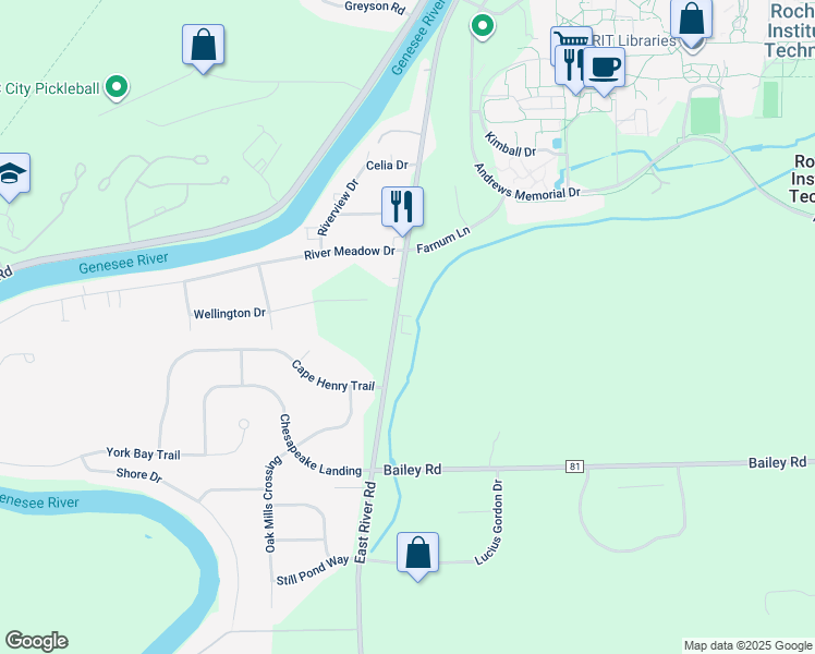 map of restaurants, bars, coffee shops, grocery stores, and more near 3440 East River Road in Rochester