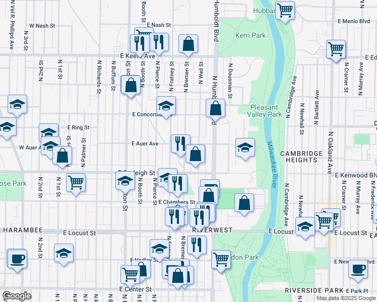 map of restaurants, bars, coffee shops, grocery stores, and more near 3136 North Bremen Street in Milwaukee