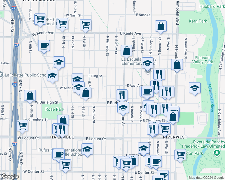 map of restaurants, bars, coffee shops, grocery stores, and more near 3130A North Richards Street in Milwaukee