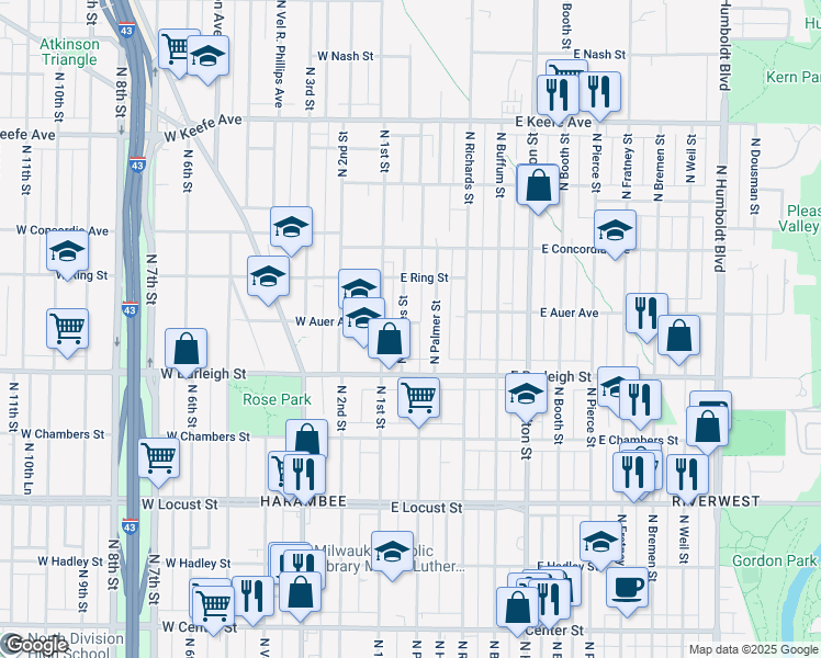 map of restaurants, bars, coffee shops, grocery stores, and more near 3134-3136 North 1st Street in Milwaukee