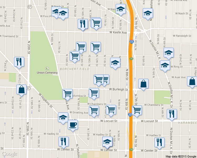 map of restaurants, bars, coffee shops, grocery stores, and more near 3121 North 11th Street in Milwaukee