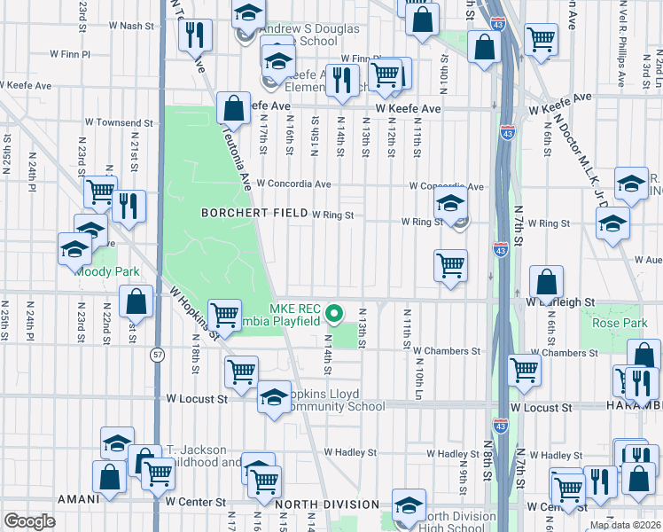map of restaurants, bars, coffee shops, grocery stores, and more near 3120 North 14th Street in Milwaukee