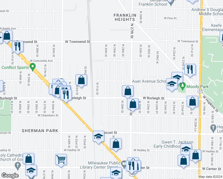 map of restaurants, bars, coffee shops, grocery stores, and more near 3106 North 29th Street in Milwaukee
