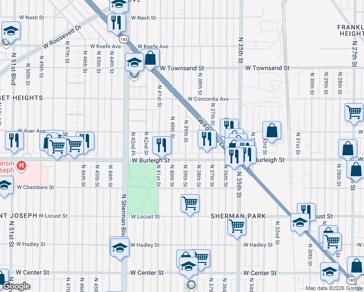map of restaurants, bars, coffee shops, grocery stores, and more near 3930-3932 West Burleigh Street in Milwaukee