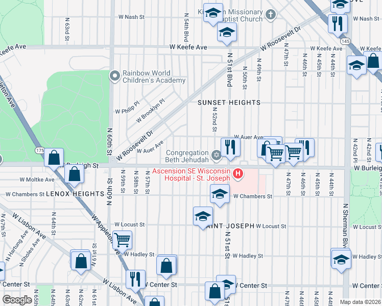 map of restaurants, bars, coffee shops, grocery stores, and more near 5408 West Burleigh Street in Milwaukee