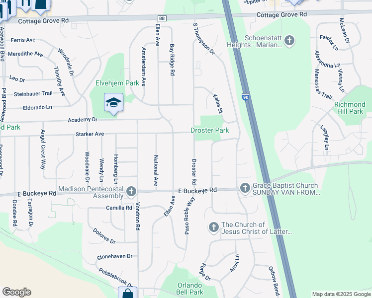 map of restaurants, bars, coffee shops, grocery stores, and more near 1606 Droster Road in Madison