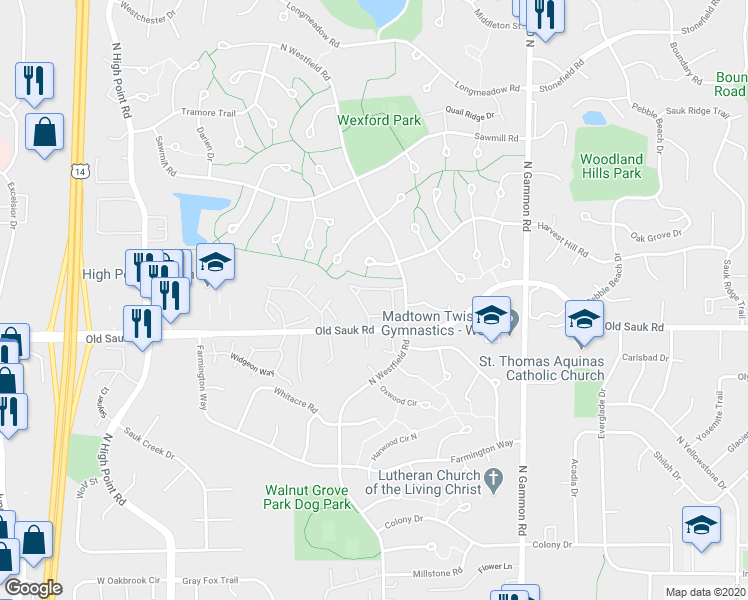 map of restaurants, bars, coffee shops, grocery stores, and more near 710 Saukdale Way in Madison