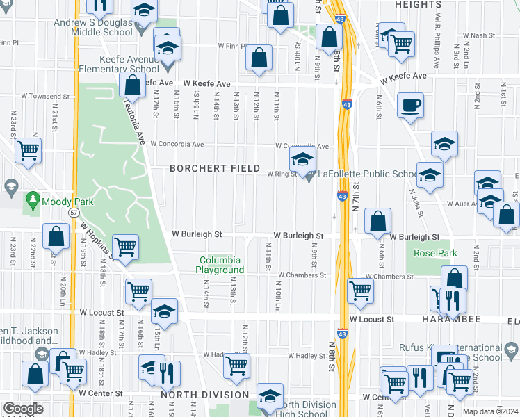 map of restaurants, bars, coffee shops, grocery stores, and more near 3154 North 12th Street in Milwaukee