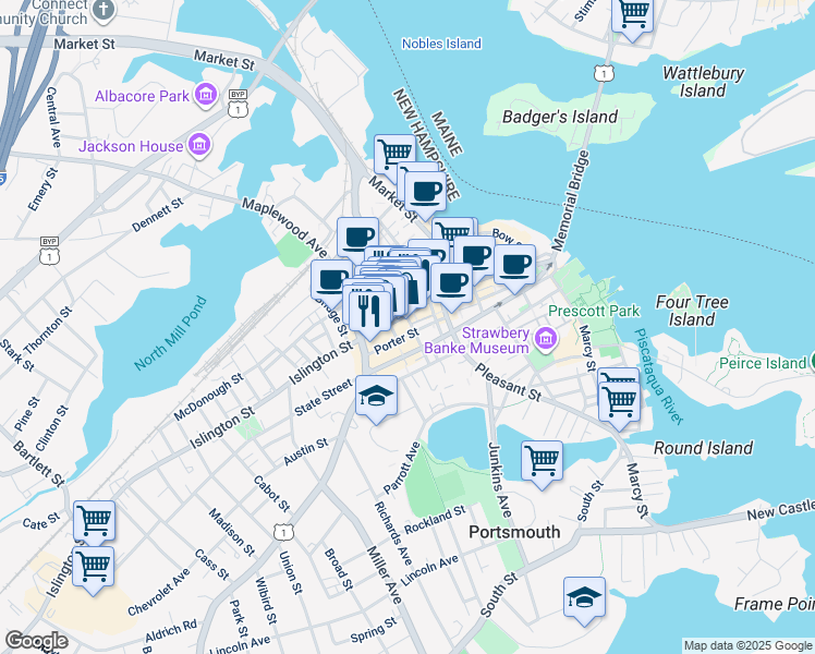 map of restaurants, bars, coffee shops, grocery stores, and more near 90 Fleet Street in Portsmouth