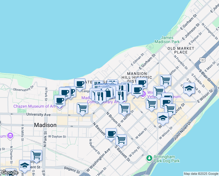 map of restaurants, bars, coffee shops, grocery stores, and more near 151 West Gilman Street in Madison