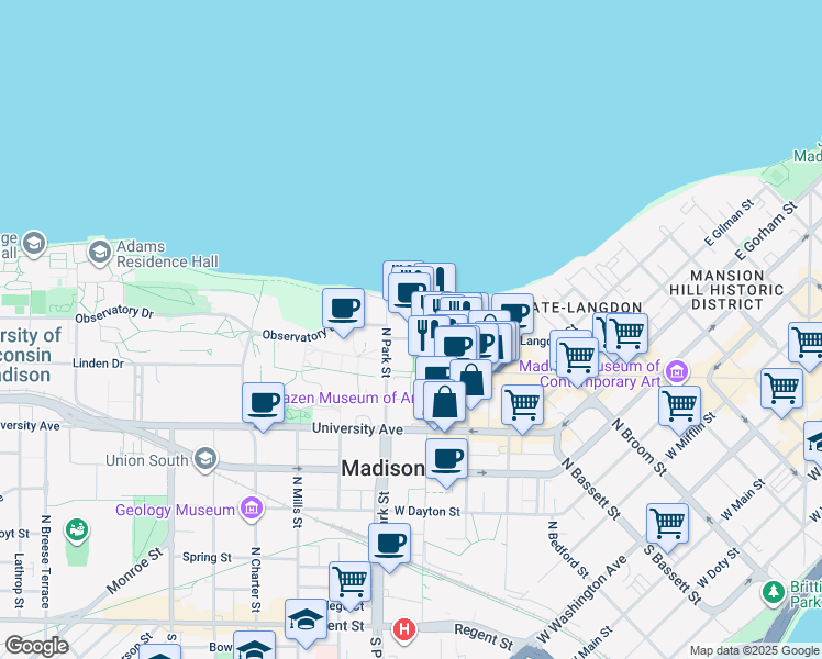 map of restaurants, bars, coffee shops, grocery stores, and more near 800 Langdon Street in Madison