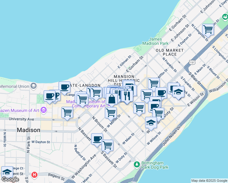 map of restaurants, bars, coffee shops, grocery stores, and more near 308 North Carroll Street in Madison