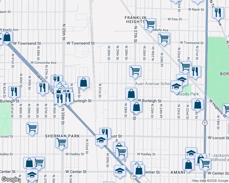 map of restaurants, bars, coffee shops, grocery stores, and more near 3106 North 29th Street in Milwaukee
