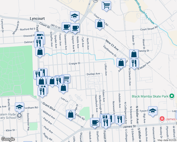 map of restaurants, bars, coffee shops, grocery stores, and more near 712 Dunlap Avenue in Syracuse