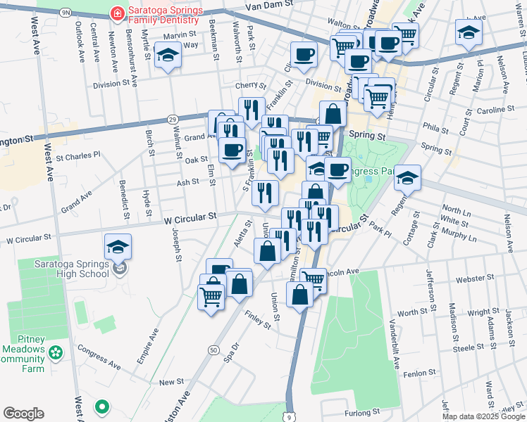 map of restaurants, bars, coffee shops, grocery stores, and more near 97 West Circular Street in Saratoga Springs