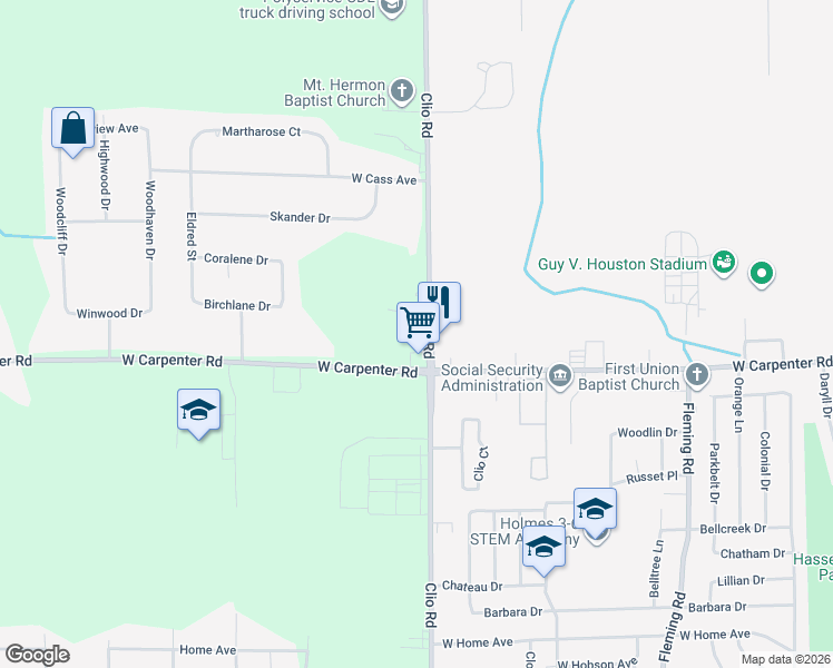 map of restaurants, bars, coffee shops, grocery stores, and more near 3032 West Carpenter Road in Flint