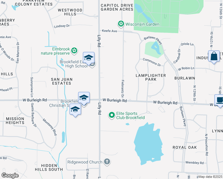 map of restaurants, bars, coffee shops, grocery stores, and more near 13900 West Burleigh Road in Brookfield