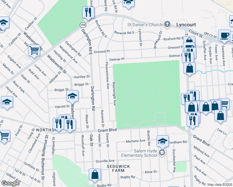 map of restaurants, bars, coffee shops, grocery stores, and more near 216 Wainwright Avenue in Syracuse