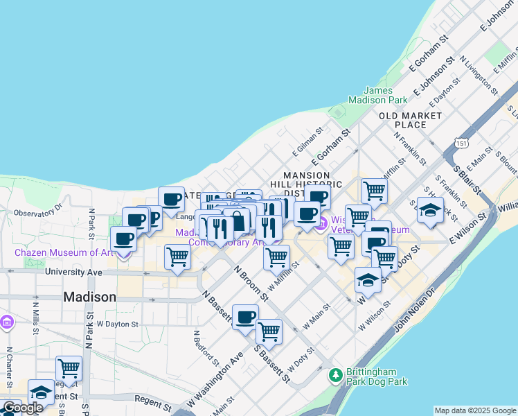 map of restaurants, bars, coffee shops, grocery stores, and more near 134 West Gorham Street in Madison
