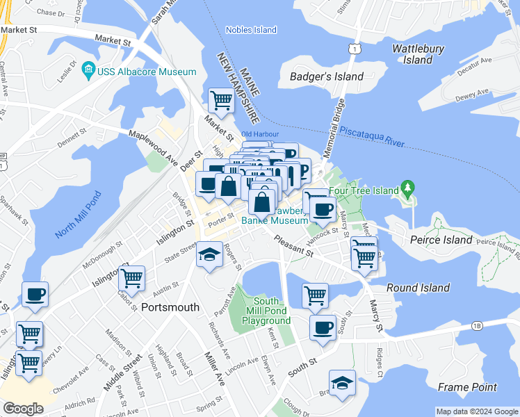 map of restaurants, bars, coffee shops, grocery stores, and more near 93 Pleasant Street in Portsmouth