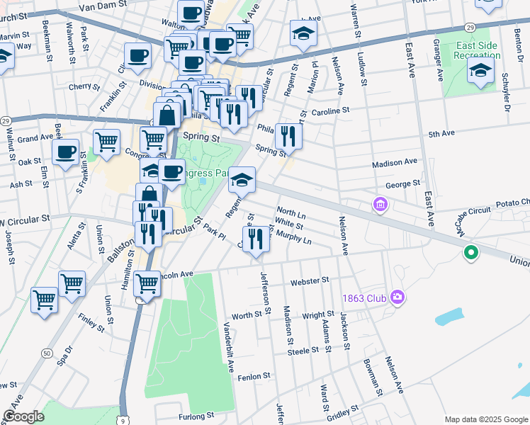 map of restaurants, bars, coffee shops, grocery stores, and more near 52 South Lane in Saratoga Springs