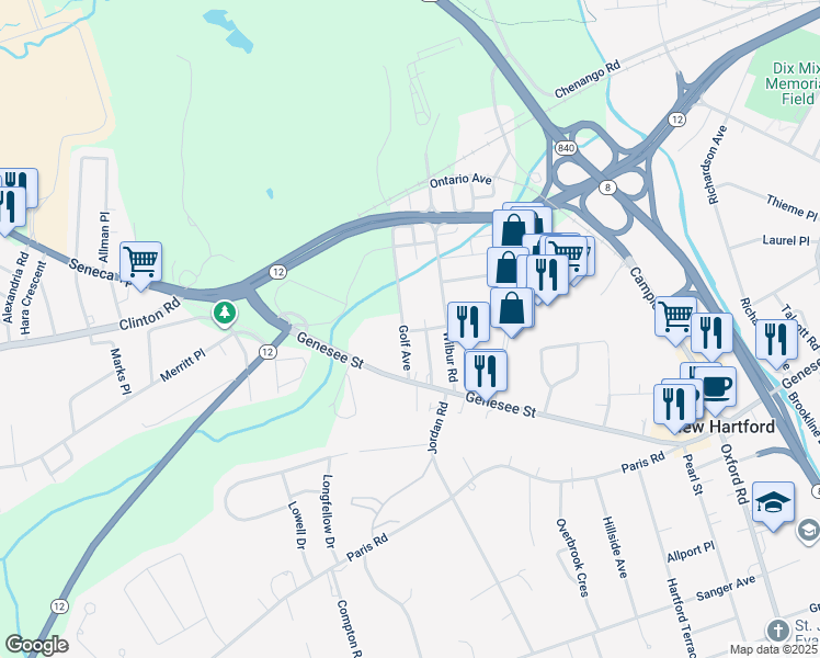 map of restaurants, bars, coffee shops, grocery stores, and more near 19 Golf Ave in New Hartford