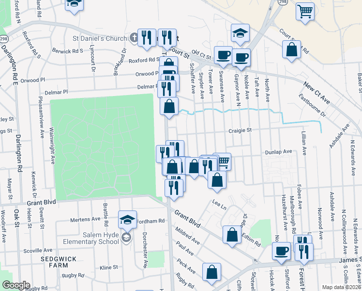 map of restaurants, bars, coffee shops, grocery stores, and more near 206 Leighton Avenue in Syracuse