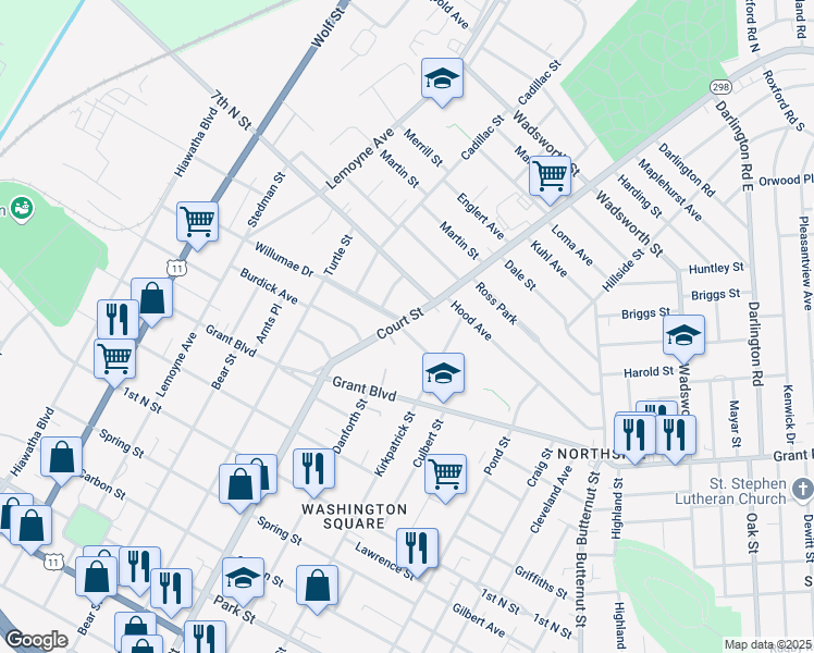map of restaurants, bars, coffee shops, grocery stores, and more near 1124 Court Street in Syracuse