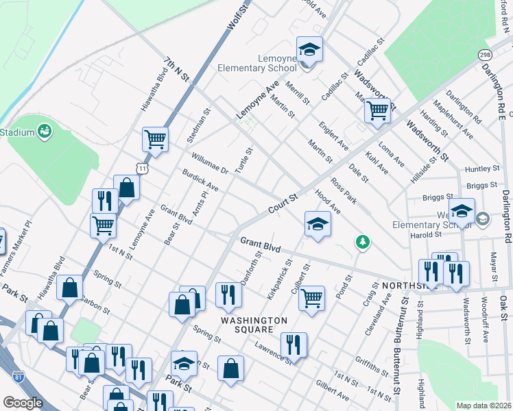 map of restaurants, bars, coffee shops, grocery stores, and more near in Syracuse