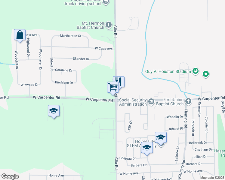 map of restaurants, bars, coffee shops, grocery stores, and more near 3032 West Carpenter Road in Flint