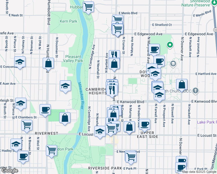 map of restaurants, bars, coffee shops, grocery stores, and more near 3135 North Oakland Avenue in Milwaukee