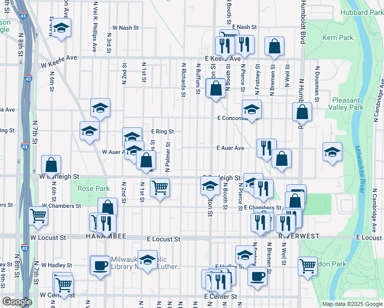 map of restaurants, bars, coffee shops, grocery stores, and more near 3130A North Richards Street in Milwaukee