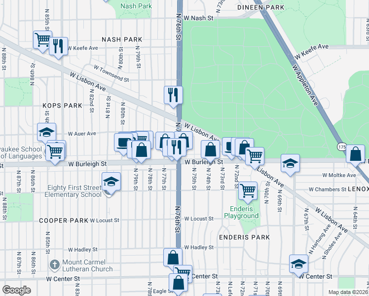 map of restaurants, bars, coffee shops, grocery stores, and more near 7516 West Burleigh Street in Milwaukee