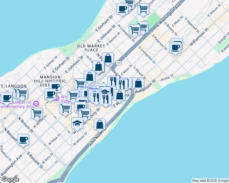 map of restaurants, bars, coffee shops, grocery stores, and more near 127 South Butler Street in Madison
