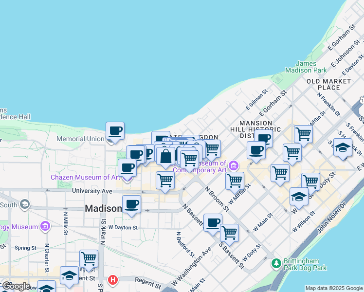 map of restaurants, bars, coffee shops, grocery stores, and more near 247 Langdon Street in Madison