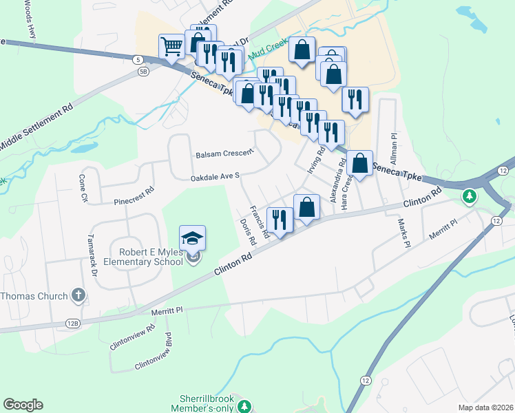 map of restaurants, bars, coffee shops, grocery stores, and more near 52 Irving Road in New Hartford
