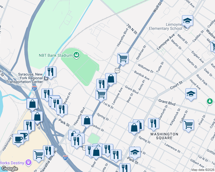 map of restaurants, bars, coffee shops, grocery stores, and more near 707 Wolf Street in Syracuse