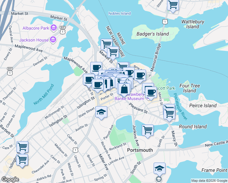 map of restaurants, bars, coffee shops, grocery stores, and more near in Portsmouth
