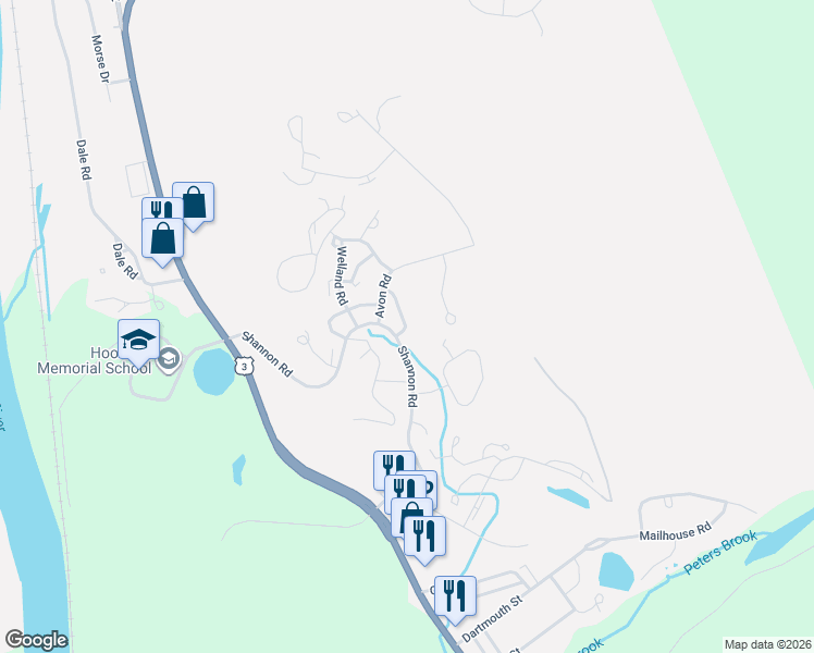 map of restaurants, bars, coffee shops, grocery stores, and more near 63-99 Shannon Road in Hooksett