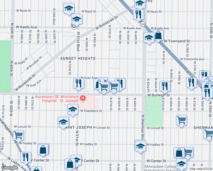map of restaurants, bars, coffee shops, grocery stores, and more near in Milwaukee